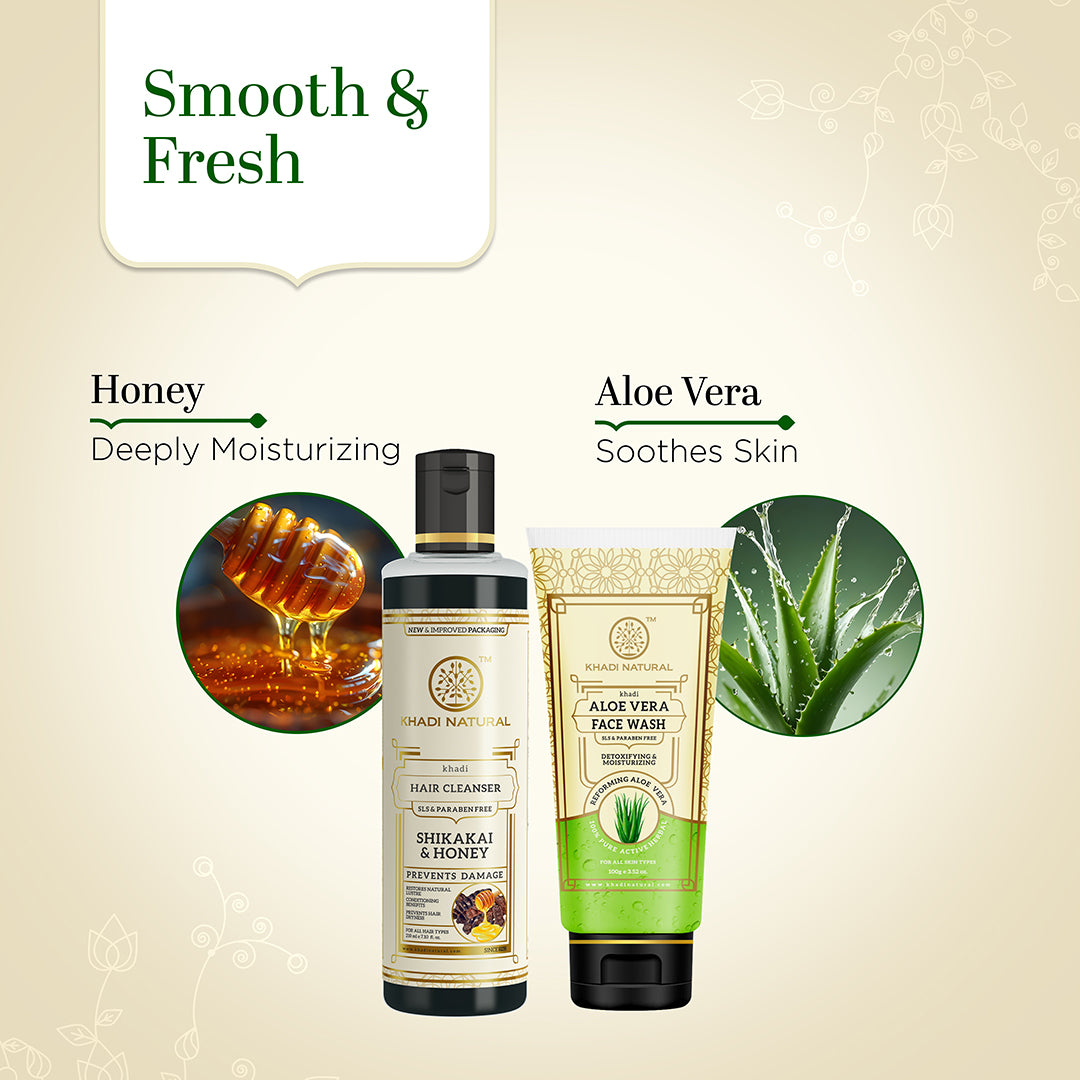 Khadi Herbal Shikakai & Honey Hair Cleanser with Aloe Vera Face Wash Combo (Set of 2)