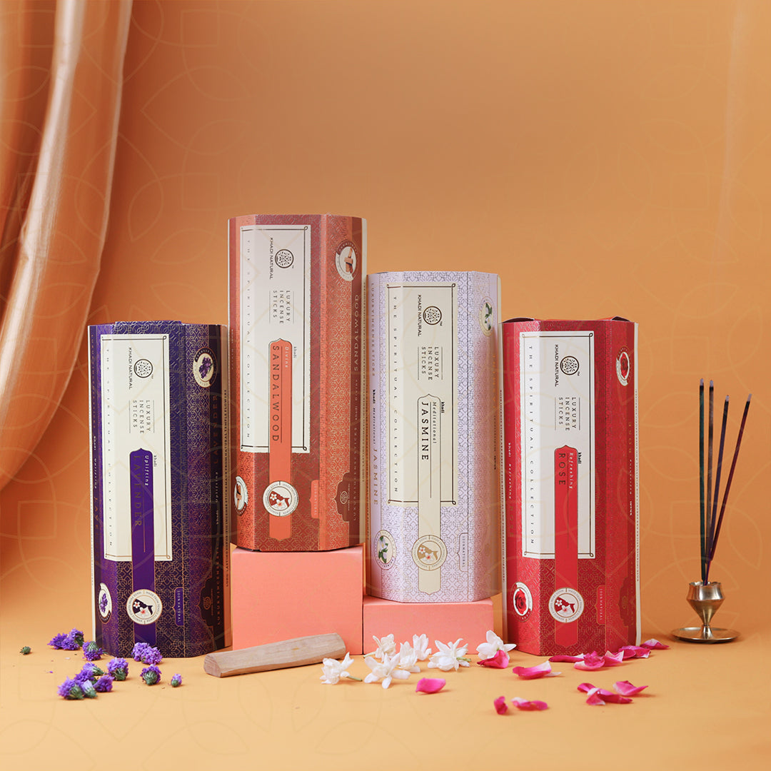 Khadi Natural Incense Sticks Collection – Jasmine - Rose - Lavender & Sandalwood Combo Pack of 12